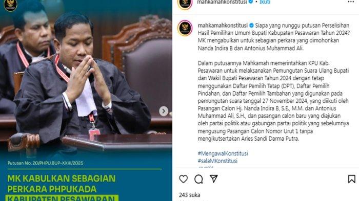 PUTUSAN MK : Majelis hakim Mahkamah Konstitusi (MK) mendiskualifikasi Aries Sandi Darma Putra selaku calon bupati Pesawaran dari pasangan calon nomor urut 1, Senin (24/2/2025).
