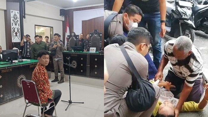 Ni Gusti Ayu Padni, ibunda terdakwa Agus sempat jatuh pingsan dan kepalanya terbentur di halaman Pengadilan Negeri Mataram, Agus menangis histeris