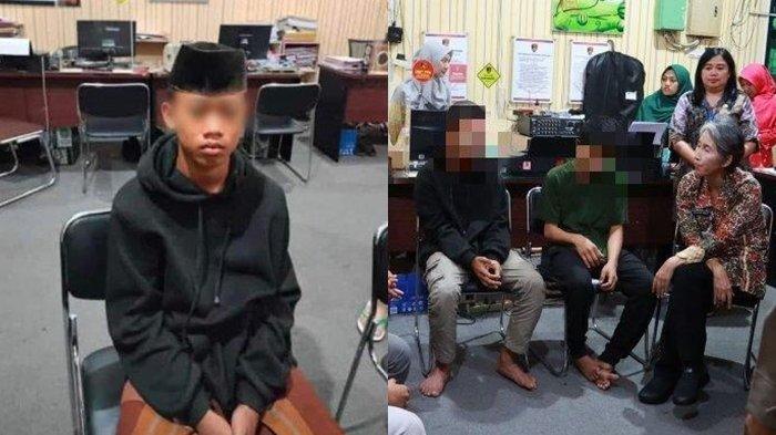 Pelaku perundungan siswa SMPN 2 Cimanggu Kabupaten Cilacap tampak murung saat diperiksa di ruangan kantor kepolisian setempat.