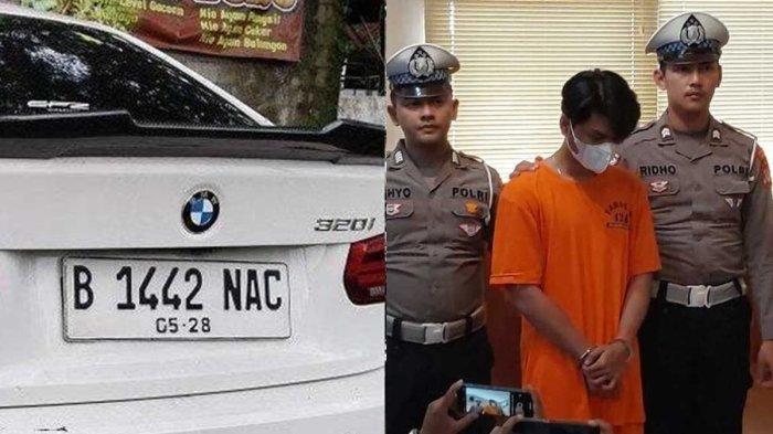 KECELAKAAN MAHASISWA UGM - (kiri) penampakan mobil BMW tersangka tabrak Agro mahasiswa UGM pelat sempat diganti. (kanan) Christiano Pengemudi mobil BMW yang tabrak Argo Mahasiswa UGM saat dihadirkan dalam jumpa pers di Polresta Sleman. Ini penjelasan polisi soal sosol ayah tersangka.