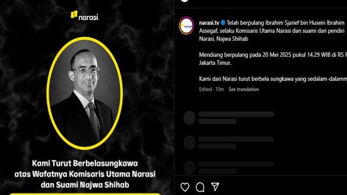 SUAMI NAJWA SHIHAB MENINGGAL -- Postingan kabar duka suami Najwa Shihab meninggal dunia, Selasa (20/5/2025) pukul 14.29 WIB di RS PON Jakarta Timur.