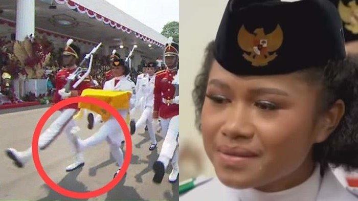 Sepatu Lilly Wenda Paskibraka pembawa baki 2023 terlepas saat menjalankan tugas, Kamis, (17/8/2023).  Ia mengaku ingat pesan bunda agar tak ragu