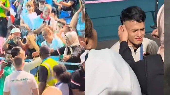 Rizki Juniansyah meluapkan emosinya di pelukan sang ibunda yang juga merupakan atlet angkat berat dari Banten.