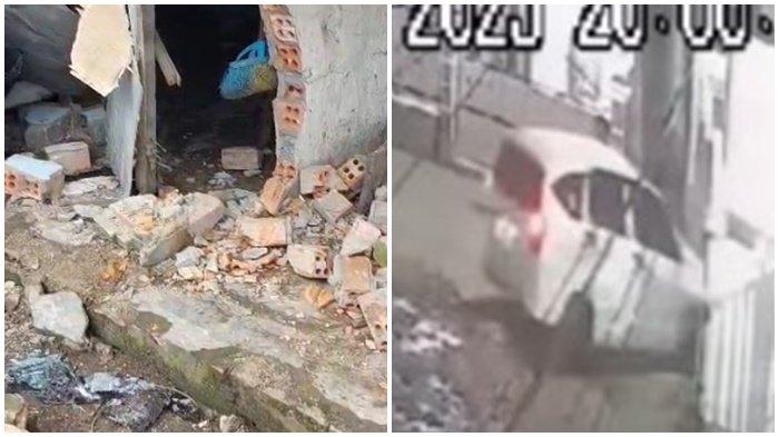 BEGAL NAIK SIGRA -- Kondisi rumah Fera rusak setelah ditabrak komplotan begal di Palembang beraksi naik Sigra. Para pelaku panik saat petugas gabungan melakukan penangkapan, Senin (4/3/2025) malam.