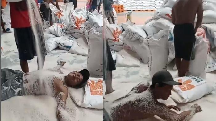 Sebuah video menunjukkan pria berguling-guling ditumpukan beras bulog viral di media sosial.