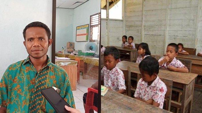 (kiri) Guru Lukas Kolo. (kanan) ilustrasi siswa sekolah di pendalaman. Seorang guru di NTT bernama Lukas Kolo (37) memilih tinggal di perpustakan sekolah. Bermula karena tak menerima gaji selama 10 tahun mengajar.