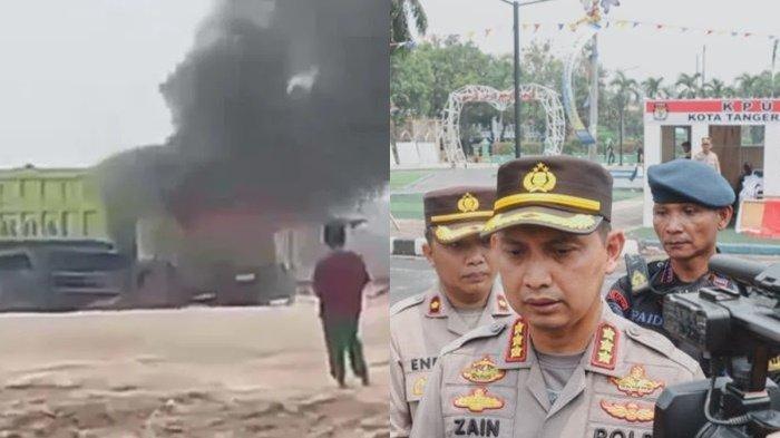 (KIRI) tangkap layar truk dibakar warga. (kanan) Kapolres Metro Tangerang Kota, Kombes Pol Zain Dwi Nugroho. Sopir truk berisi DWA (21) melindas kaki anak SD inisial ANP (9) yang dibonceng seorang wanita berinisial SD (20) pengendara sepeda motor bernomer polisi B 6553 WFK.
