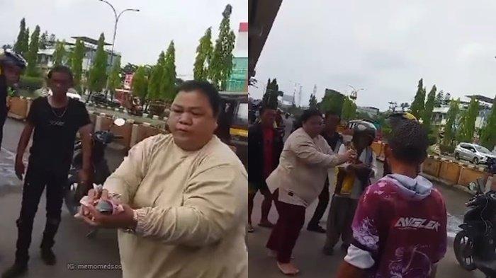 Tangkapan layar video viral wanita pungut uang Rp3,4 juta yang berhamburan di jalan.