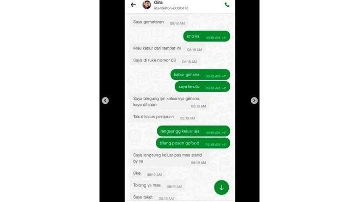 Chat Gira minta bantuan driver ojol kabur dari penipuan lowongan kerja.
