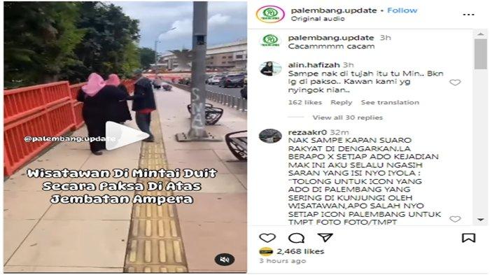 Viral di media sosial Instagram, penodong di Jembatan Ampera ancam wisatawan dan pemandu wisata, memaksa minta uang, Sabtu (13/1/2024).