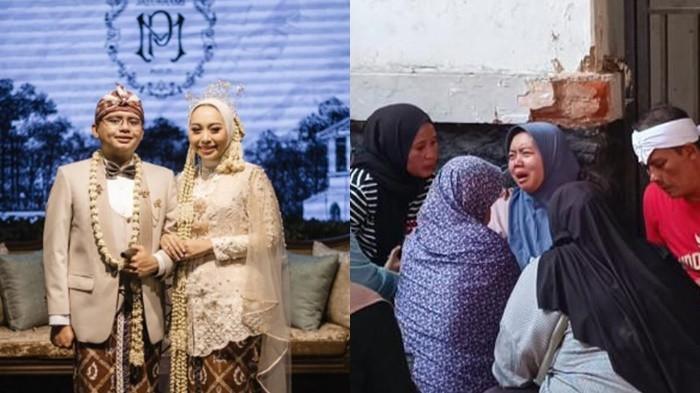 TRAGEDI PESTA PERNIKAHAN - Potret pernikahan Wakil Bupati Garut Putri Karlina dan Maula Akbar (kiri). Pesta pernikahan keduanya menjadi tragedi menewaskan tiga orang, Jumat (18/7/2025). Mela Puri, orangtua Vania Aprilia (8) menangis karena anaknya menjadi korban (kanan).
