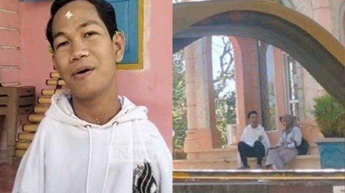 Penampakan pria diduga Agus Buntung berbincang dengan seorang wanita di Taman Baca Sangkareang, Mataram, NTB (kiri).