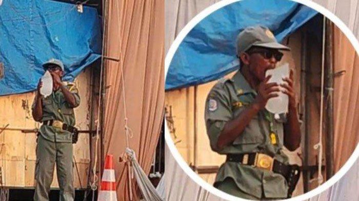 aksi hansip minum es batu saat bekerja