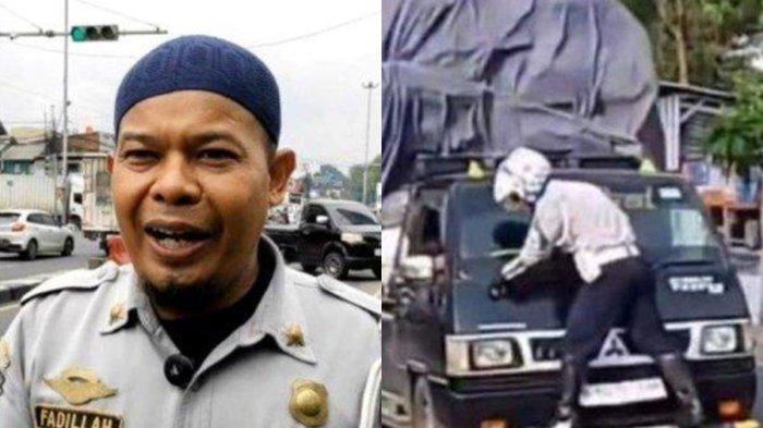 Seorang petugas Dinas Perhubungan Kota Depok tersangkut di kaca depan mobil pikap yang melintas di Jalan Raya Bogor, Simpangan Depok, Kecamatan Tapos, Kota Depok, Jawa Barat (kanan) Fadillah, petugas Dishub Kota Depok yang viral nemplok depan kap mobil pikap membuat klarifikasi (kiri)