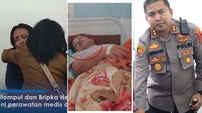 (Kiri) istri Bripka Hendrik menangis suaminya dianiaya Kapolres Dairi AKBP Reinhard (kanan)