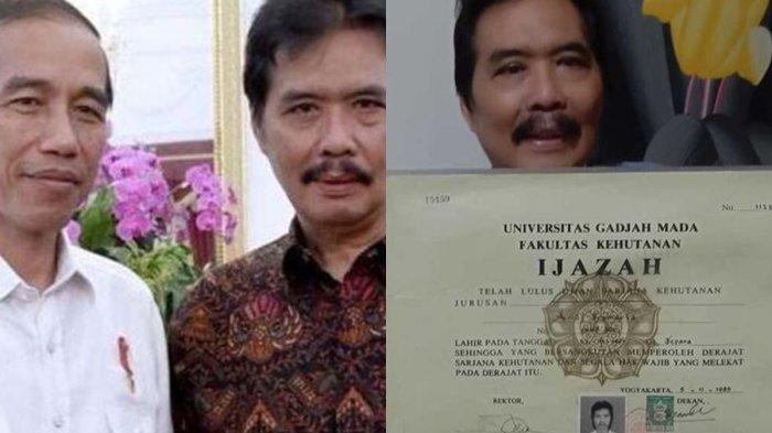 REKAN KULIAH JOKOWI  - (kiri) Joko Widodo dan Andi Pramaria saat berfoto di Bandara Internasional Lombok, saat Jokowi menjadi Presiden RI. Andi menegaskan merupakan teman kuliah Jokowi dan wisuda bersama-sama. (kanan) Andi Pramaria, mantan Kadis Kehutanan Provinsi NTB, memunjukkan ijazah miliknya. Andi mengatakan sebagai rekan satu angkatan, satu fakultas dan wisuda bersama dengan Jokowi.
