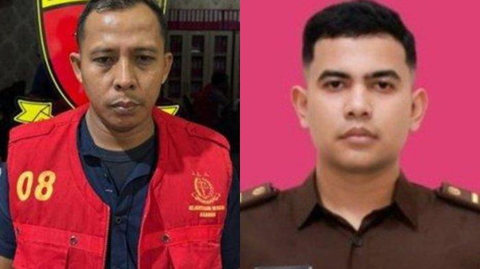 JAKSA TEWAS TERHANYUT - (kiri) Sosok Kardianto, Pangulu Banjar Hulu di Simalungun yang korupsi dana Desa Rp 573 Juta, dititipkan penahanannya ke Kejari Asahan, Kamis (3/7/2025). (kanan) sosok calon Jaksa Kejari Simalungun, Reynanda Primta Ginting yang tewas terhanyut saat kejar kades Kardianto.