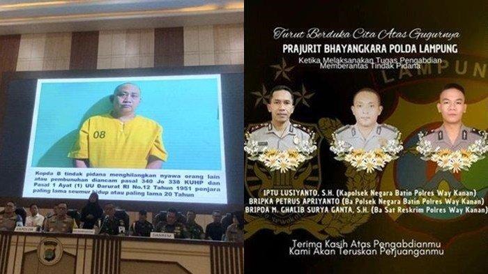 (kiri) Tampang Kopda B yang menjadi tersangka penembakan 3 anggota polisi di Way Kanan. Ia dikenakan pasal berlapis. (kanan) Tiga polisi gugur dalam tugas saat melakukan penggerebekan lokasi judi sabung ayam di Kampung Karang Manik. TNI-Polri kini telah menetapkan 4 tersangka baru dalam kasus penembakan tiga polisi gugur saat penggerebekan judi sabung ayam di Way Kanan, Lampung