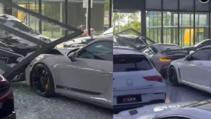 mobil Xpander menabrak Porsche mewah seharga Rp 9,3 miliar di sebuah showroom