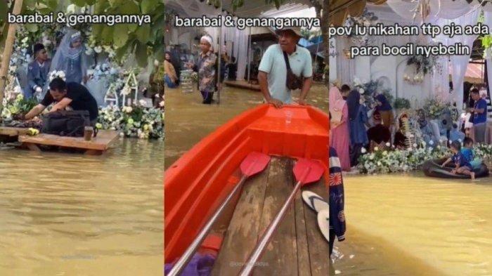 momen pengantin gelar acara pernikahan ditengah suasana banjir