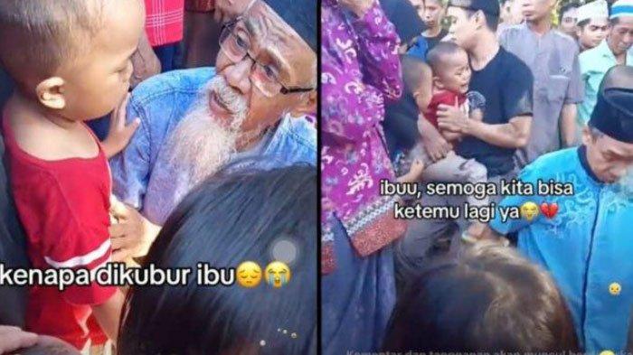 seorang bocah menangis pilu saat lihat sang ibu dimakamkan