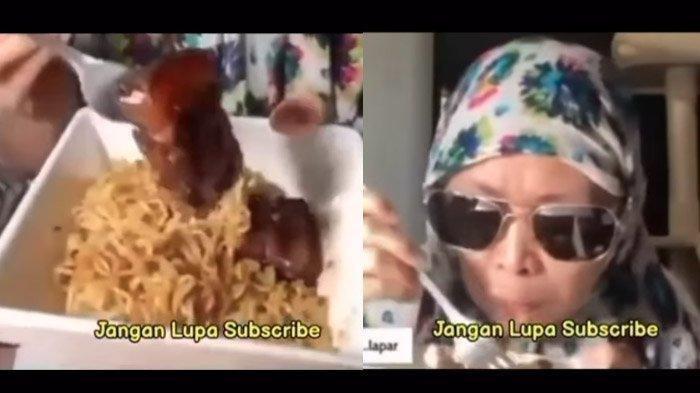 Emak berhijab makan mi campur daging babi diawali bismillah.