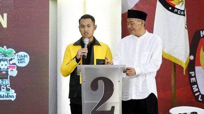 Pasangan calon Pilkada Tuban nomor urut 2, Aditya Halindra Faridzky - Joko Sarwono saat menyampaikan gagasan dalam debat kedua, Sabtu (9/11/2024) malam.
