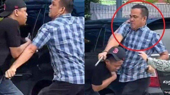 Aiptu FN saat menganiaya oknum debt collector di Palembang, Sumsel.