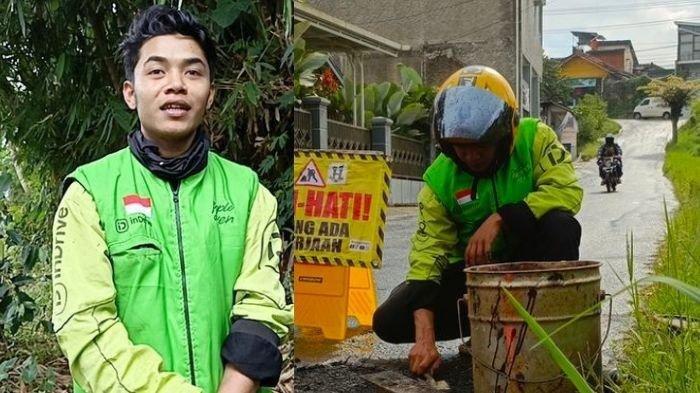 AKSI MULIA - Driver Ojol Hasan saat menambal jalan berlubang