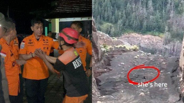 EVAKUASI DRAMATIS - Samsul Padli salah satu tim SAR yang ikut mengevakuasi jenazah Warga Negara (WN) Brasil, Juliana Marins (27) (kiri). Dia mendapatkan pelukan hangat oleh rekan-rekannya di Posko SAR Gabungan, Rabu (25/6/2025) malam. Lokasi Juliana jatuh di Gunung Rinjani yang berhasil direkam drone pendaki asal Malaysia (kanan). 