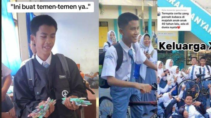 Romsi bagikan alat tulis ke temannya (kiri) dan saat dibelikan sepeda teman sekelas (kanan).