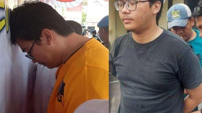 AAB (23), menangis sesengukan saat menyampaikan permohonan maaf di Mapolres Metro Depok pada Sabtu (5/8/2023) (kiri)
