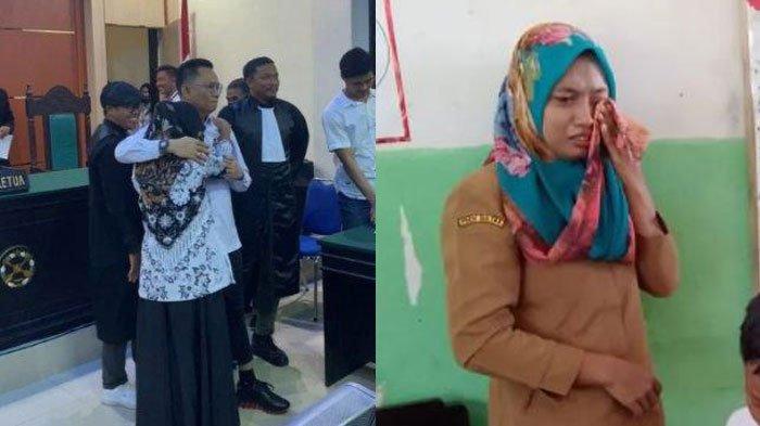 Guru Supriyani usai divonis bebas (kiri), Supriyani menangis saat disambut guru dan murid SDN 4 Baito (kanan).
