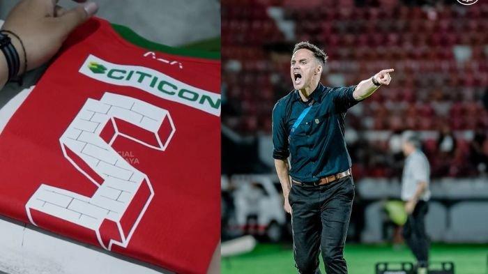 Kolase foto jersey bernomor punggung 5 dan Pelatih Persebaya Paul Munster