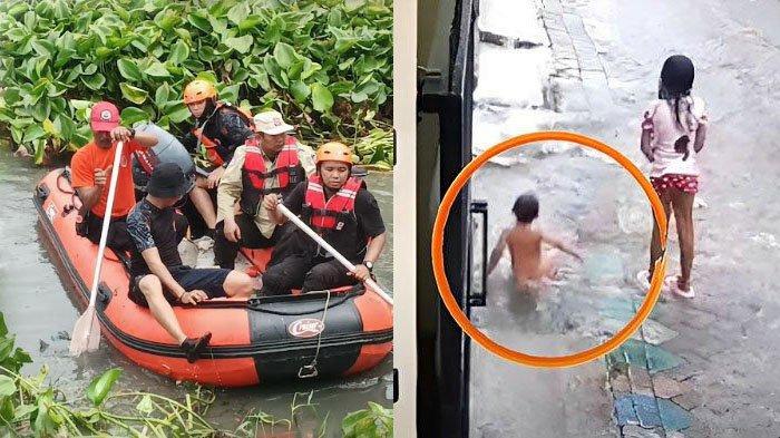 kolase foto Bocah Wiyung Terseret Banjir Surabaya. Simak kronologi lengkapnya.