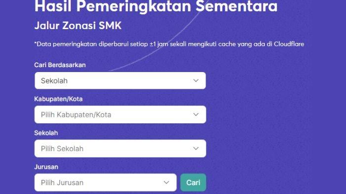Tampilan laman ppdbjatim.net untuk cek pemeringkatan Jalur Zonasi SMK