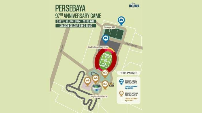 Lokasi Parkir laga Persebaya Surabaya vs Persibo Bojonegoro di Stadion Gelora Bung Tomo, Surabaya.