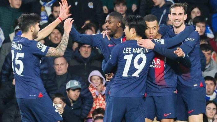 Pemain PSG saat selebrasi gol di laga Liga Champions. Kylian Mbappe Cs akan menantang Barcelona di babak perempat final.