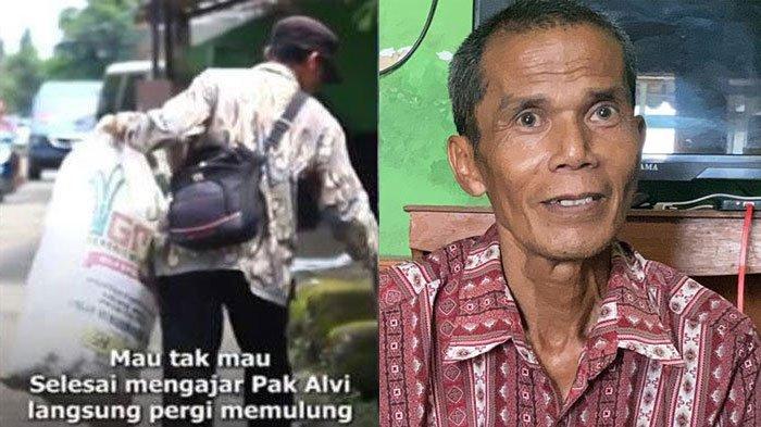 Kolase foto Pak Alvi Guru Honorer Nyambi Kerja Jadi Pemulung. Kini Punya Warung dan Akan Umrah.