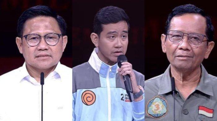 Tiga calon wakil presiden yang mengikuti debat capres, Minggu (21/1/2024). (Dari kiri) Muhaimin Iskandar, Gibran Rakabuming Raka, dan Mahfud MD.