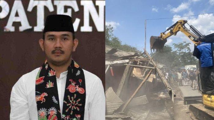PEMBONGKARAN BANGLI - Bupati Bekasi, Ade Kuswara (kiri) yang mendukung Dedi Mulyadi membongkar bangunan liar di Tambun, Bekasi. Satu alat berat ekskavator membongkar sebuah bangunan liar di bantaran Kali Sepak di Desa Srijaya, Tambun Utara, Bekasi, Jawa Barat, Jumat (14/3/2025) (kanan)
