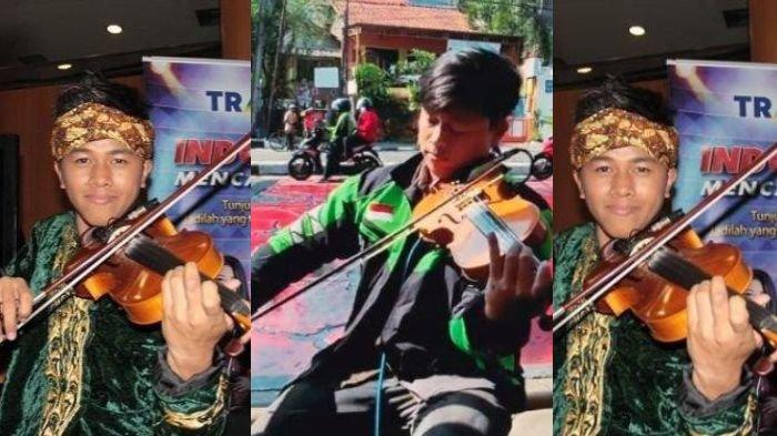 Pria jaket ojol main biola di pinggir jalanan Bandung