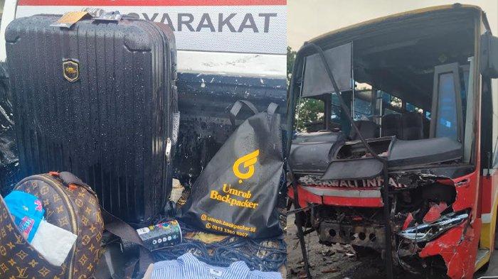 KECELAKAAN MAUT - Foto Kolase. Barang korban kecelakaan maut mobil Panther vs bus Rajawali Indah diamankan Polres Gresik, Kamis (10/4/2025). Laka maut rombongan pengantar umroh ini menewaskan tujuh orang penumpang mobil.