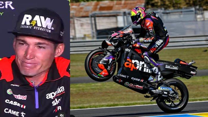 Aleix Espargaro mengumumkan rencananya untuk pensiun dari MotoGP dalam konferensi pers khusus jelang seri balap MotoGP Catalunya di Sirkuit Catalunya, Montmelo, Spanyol, Kamis (23/5/2024) (foto kiri) .