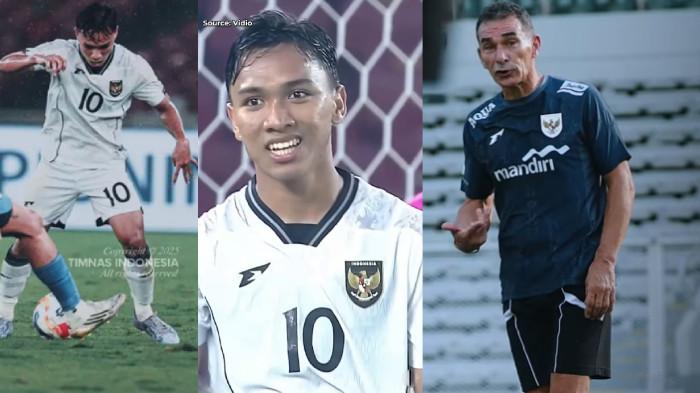 ARKHAN FIKRI MENYALA - Pemain gelandang Arema FC, Arkhan Fikri (TENGAH-KIRI) ketika Timnas Indonesia U23 Vs Filipina laga kedua Grup A Piala AFF U23 di Stadion Utama Gelora Bung Karno, Jumat (19/7/2025). Pelatih Timnas Indonesia U23 Gerald Vanenburg (KANAN) saat sesi latihan. Gerald Vanenburg  memuji Arkhan Fikri pemain kelas dunia setelah melihat performanya di laga kedua lawan Filipina.