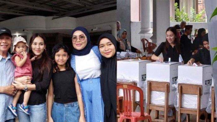 Ayu Ting Ting dan keluarga mengikuti pemilu di TPS 10 kawasan Mekar Jaya, Depok, Jawa Barat, Rabu (14/2/2024).