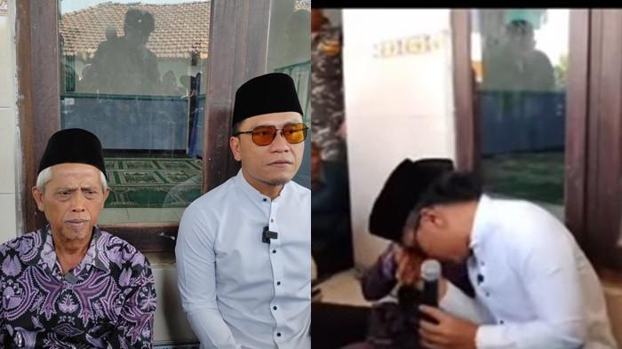 BERI HADIAH - Gus Miftah (kanan) duduk di samping Ahmad Zuhdi, guru Madin yang didenda Rp 25 juta usai tampar murid di Musala Desa Cangkring B, Kecamatan Karanganyar, Kabupaten Demak, Jawa Tengah, Sabtu (19/7/2025).
