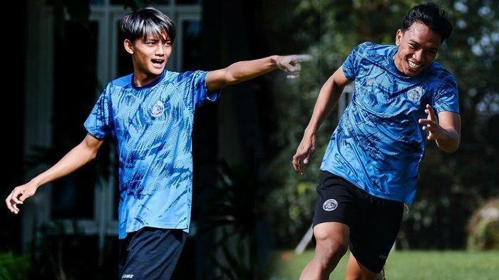 BERITA AREMA FC - Potret Achmad Maulana Syarif (KIRI) dan Arkhan Fikri (KANAN) saat menjalani sesi latihan bersama pemain di ARG soccerfield, Rabu (21/5/2025). Achmad dan Arkhan menjadi dua pemain lokal Arema FC yang dipastikan tetap bertahan bersama Singo Edan di musim Liga 1 2025.
