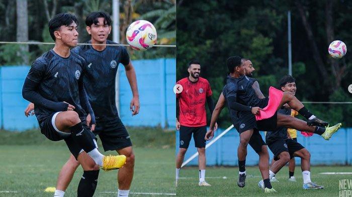 BERITA AREMA FC - Potret pemain Arema FC saat melakukan latihan jelang laga melawan Persita Tangerang.