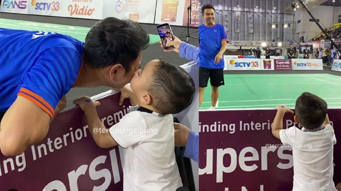 Cipung Rayyanza mencium Raffi Ahmad memberi semangat di pinggir lapangan